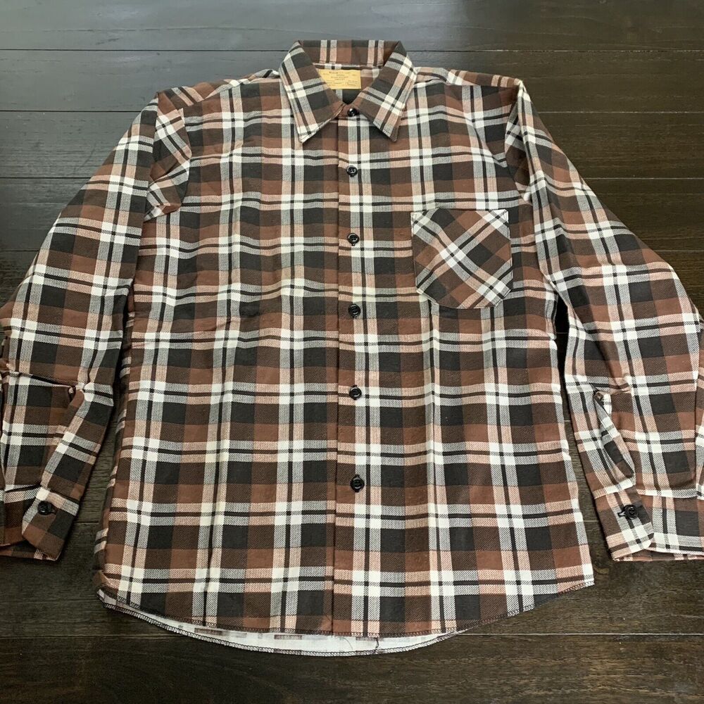 Vintage Sears Perma Prest Flannel Button Shirt Mens Medium Plaid Brown 80s